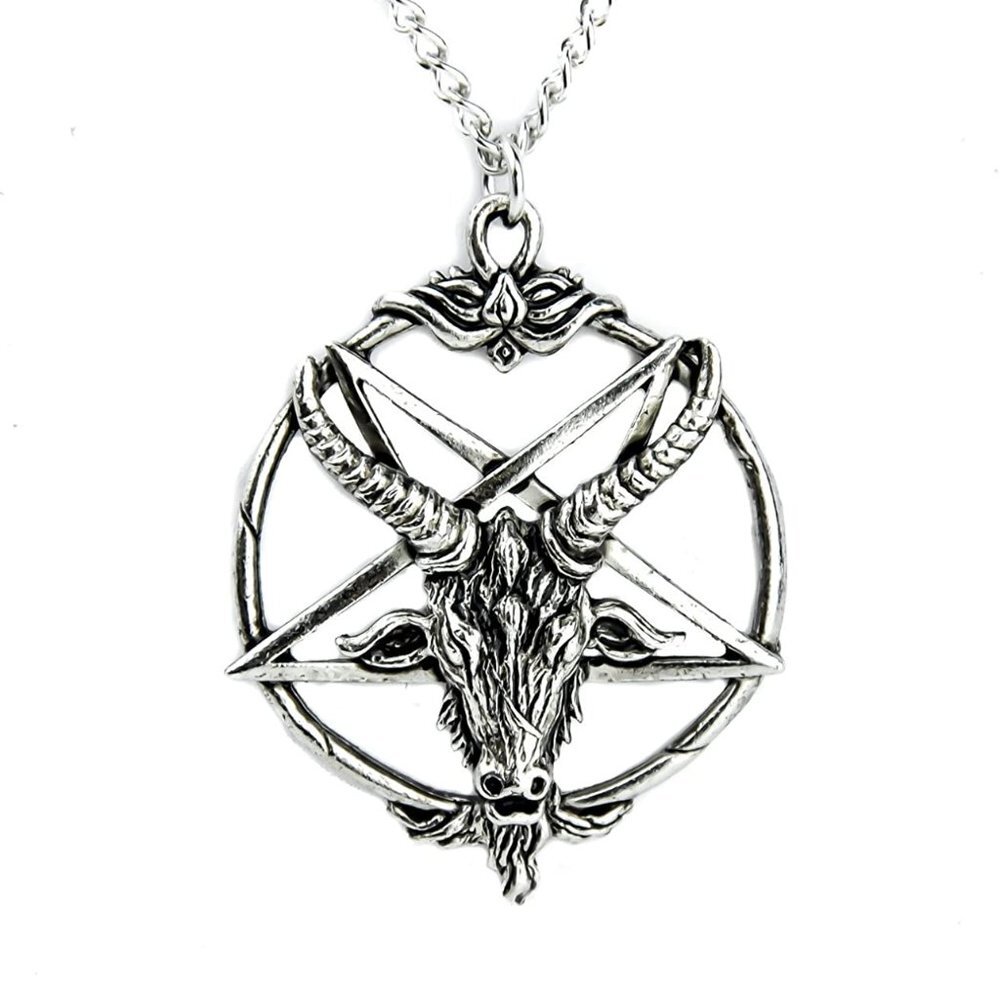 Baphomet Inverted Pentagram Silver Necklace Pendant Goat Head Occult Metal Goth
